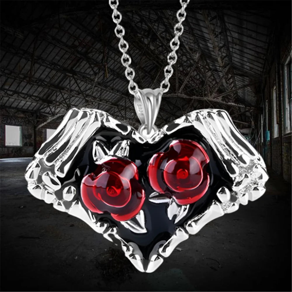 Punk Women's Fashion Heart Skeleton Rose Flower Pendant Necklace