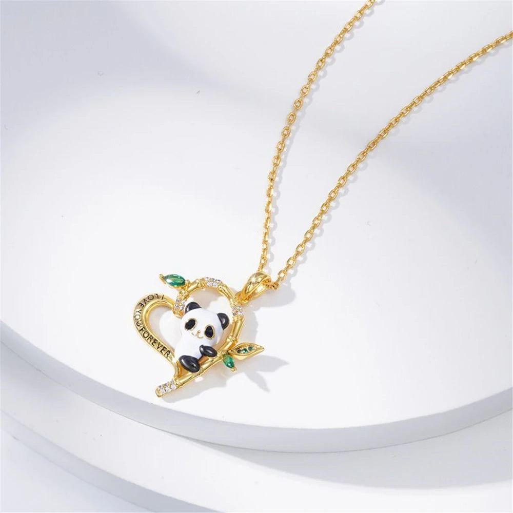 Women Cartoon Creative Design Heart Shaped Bamboo Panda Pendant Necklace