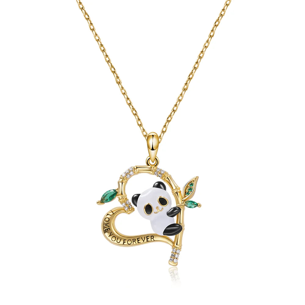 Women Cartoon Creative Design Heart Shaped Bamboo Panda Pendant Necklace