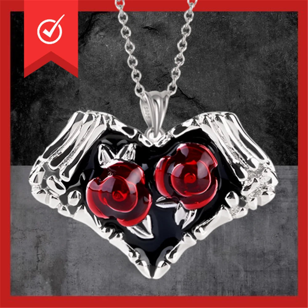 Punk Women's Fashion Heart Skeleton Rose Flower Pendant Necklace