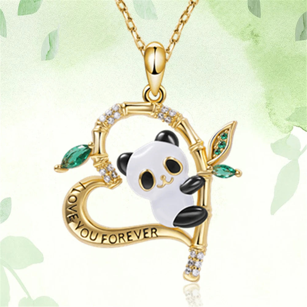 Women Cartoon Creative Design Heart Shaped Bamboo Panda Pendant Necklace