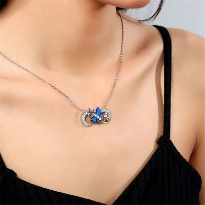 Women Fashion Infinity Ring Big Blue Butterfly Rhinestone Pendant Necklace