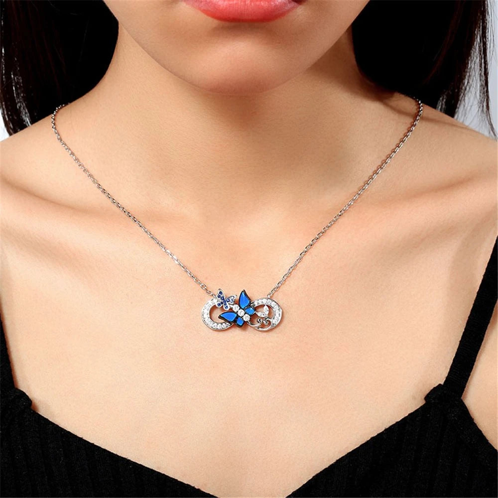 Women Fashion Infinity Ring Big Blue Butterfly Rhinestone Pendant Necklace