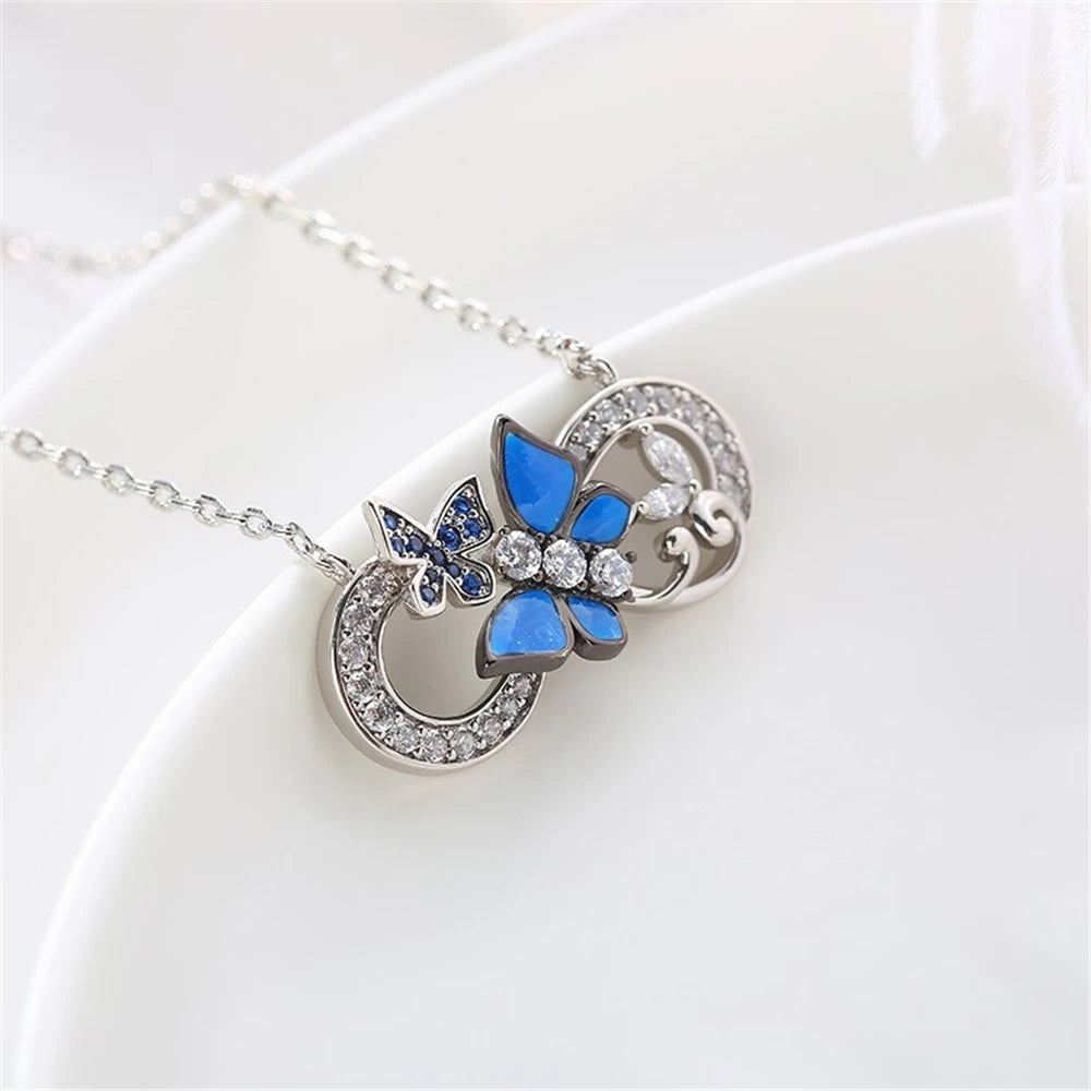 Women Fashion Infinity Ring Big Blue Butterfly Rhinestone Pendant Necklace