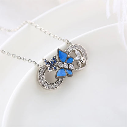 Women Fashion Infinity Ring Big Blue Butterfly Rhinestone Pendant Necklace