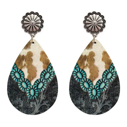 Women Western Turquoise Bull Skull Teardrop Wood Prints Earrings