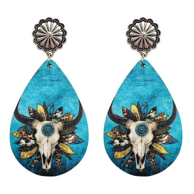 Women Western Turquoise Bull Skull Teardrop Wood Prints Earrings