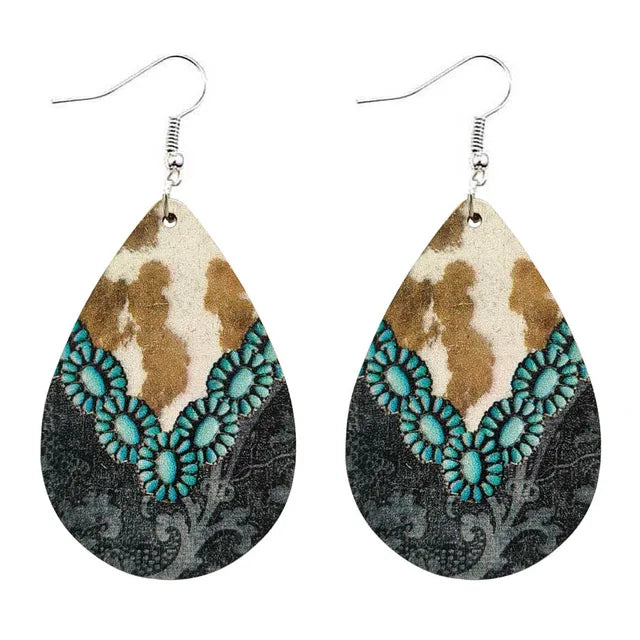 Women Western Turquoise Bull Skull Teardrop Wood Prints Earrings