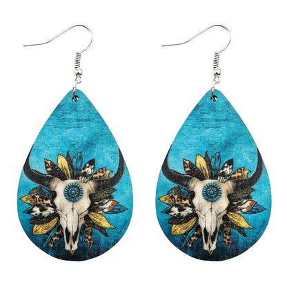 Women Western Turquoise Bull Skull Teardrop Wood Prints Earrings