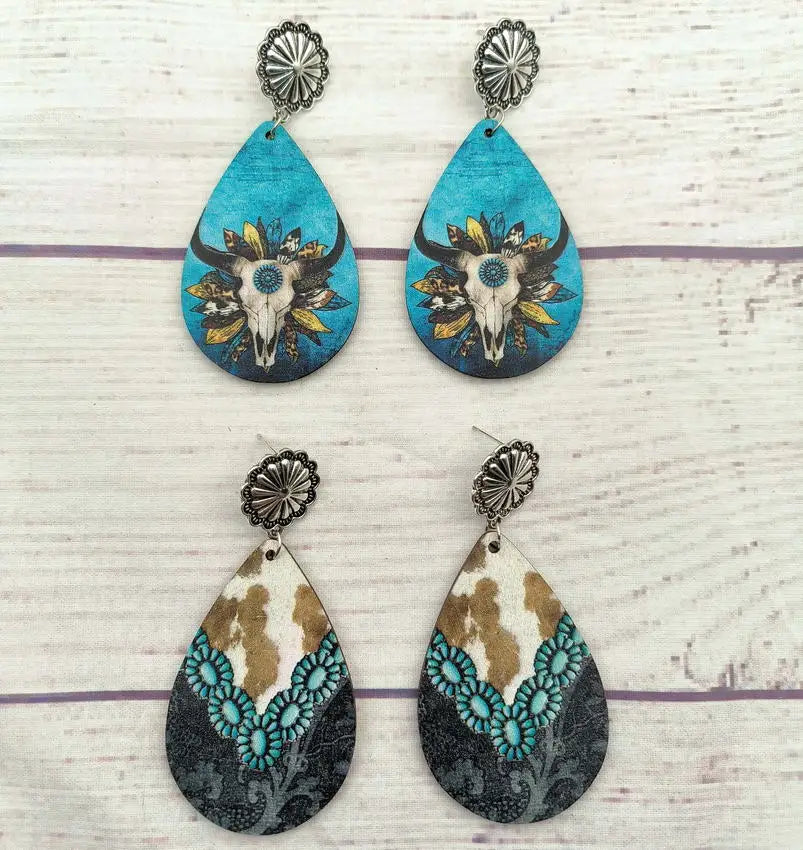 Women Western Turquoise Bull Skull Teardrop Wood Prints Earrings