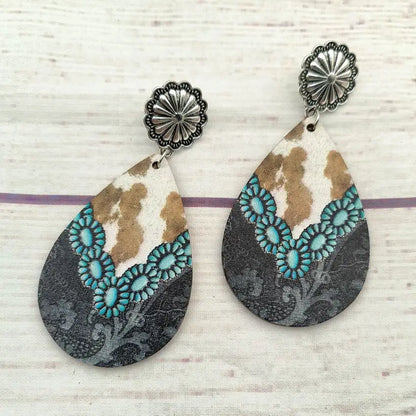 Women Western Turquoise Bull Skull Teardrop Wood Prints Earrings