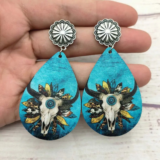 Women Western Turquoise Bull Skull Teardrop Wood Prints Earrings