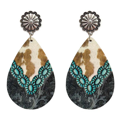 Women Western Turquoise Bull Skull Teardrop Wood Prints Earrings