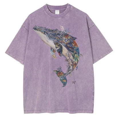 Men Whale Graphic Printed Loose Distressed Washed Cotton Tees Shirts Tops