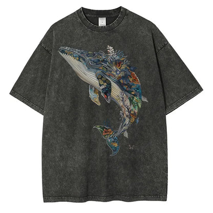 Men Whale Graphic Printed Loose Distressed Washed Cotton Tees Shirts Tops