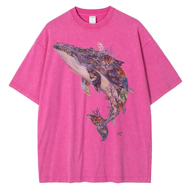 Men Whale Graphic Printed Loose Distressed Washed Cotton Tees Shirts Tops