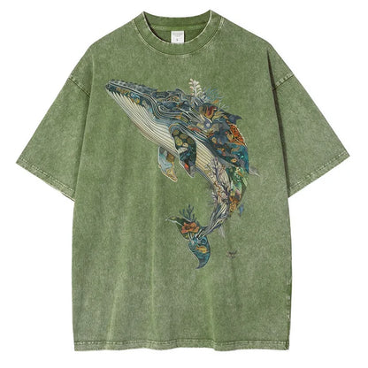 Men Whale Graphic Printed Loose Distressed Washed Cotton Tees Shirts Tops