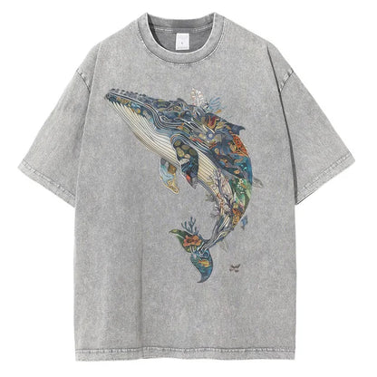 Men Whale Graphic Printed Loose Distressed Washed Cotton Tees Shirts Tops