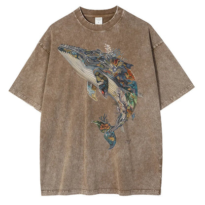 Men Whale Graphic Printed Loose Distressed Washed Cotton Tees Shirts Tops