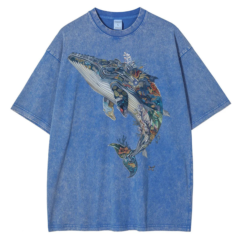 Men Whale Graphic Printed Loose Distressed Washed Cotton Tees Shirts Tops