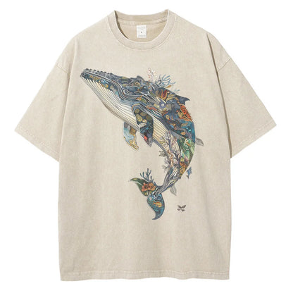 Men Whale Graphic Printed Loose Distressed Washed Cotton Tees Shirts Tops