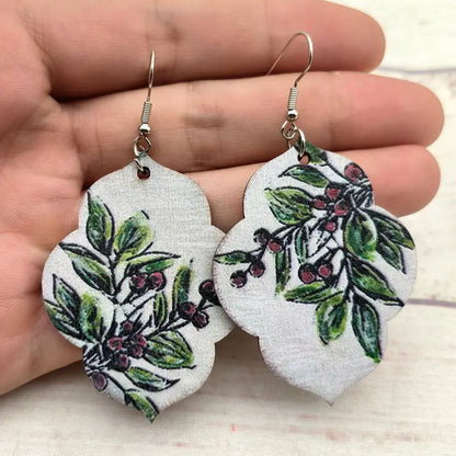 Wooden Christmas Mistletoe Leaves Print Wood Earrings