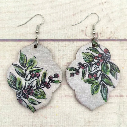 Wooden Christmas Mistletoe Leaves Print Wood Earrings