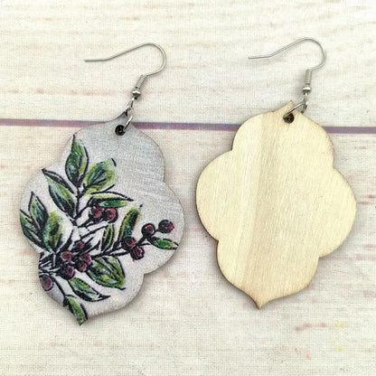 Wooden Christmas Mistletoe Leaves Print Wood Earrings