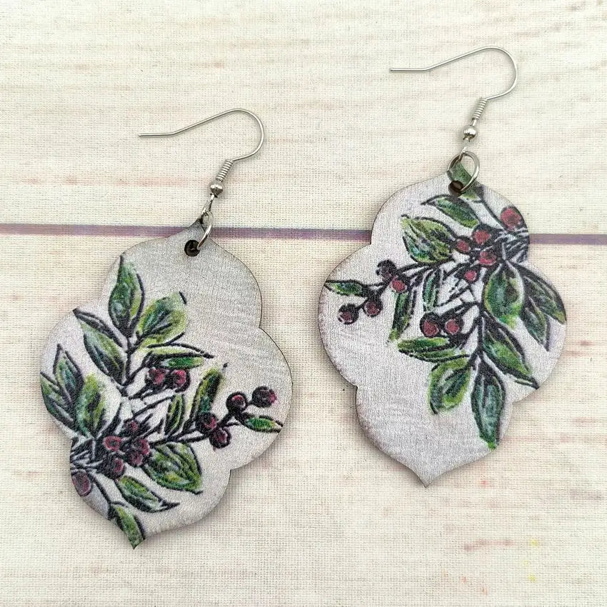 Wooden Christmas Mistletoe Leaves Print Wood Earrings