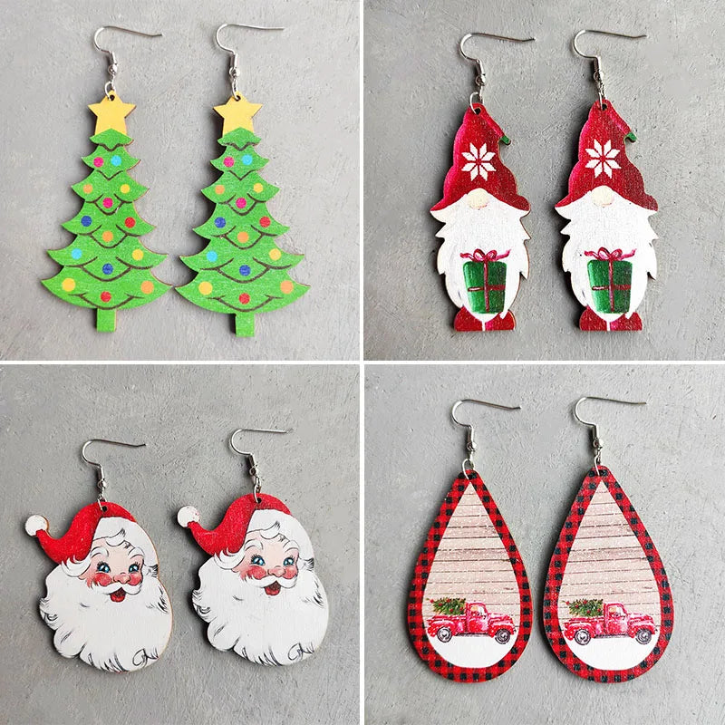 Women Wooden Santa Christmas Snowman Lanterns Tree Water Drops Earrings