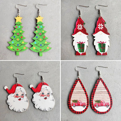 Women Wooden Santa Christmas Snowman Lanterns Tree Water Drops Earrings