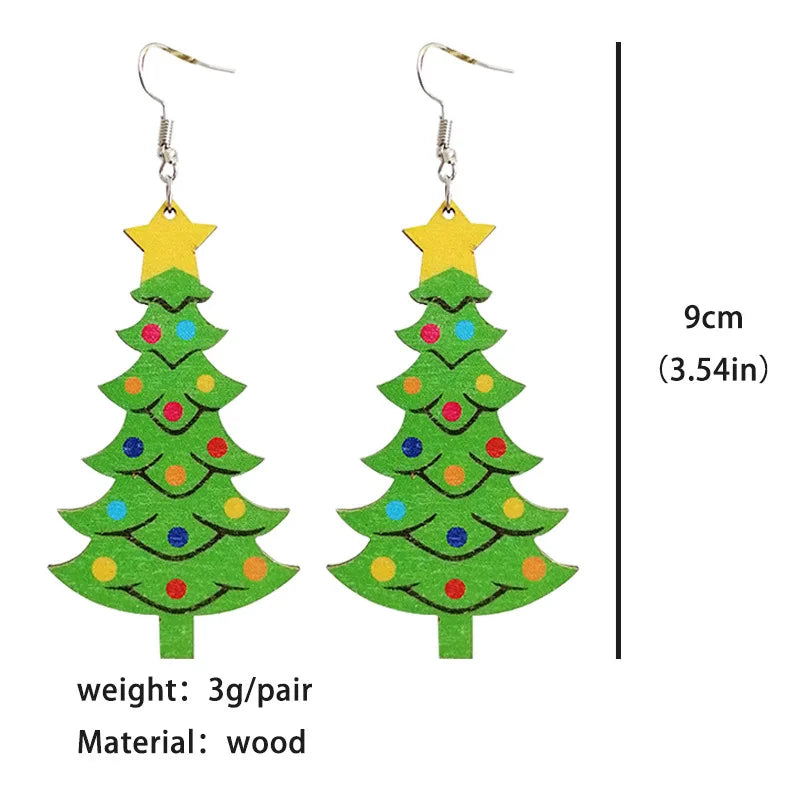 Women Wooden Santa Christmas Snowman Lanterns Tree Water Drops Earrings