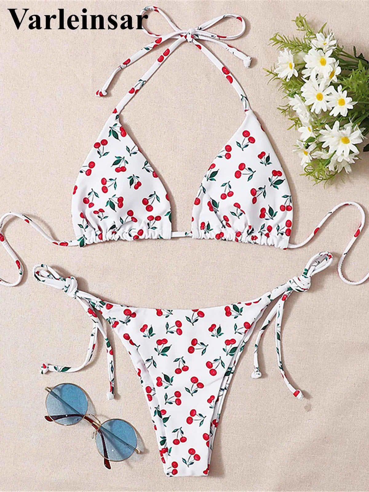 2pcs Women Cherry Printed Halter Strappy Bikini Swimwear Bathing Suit