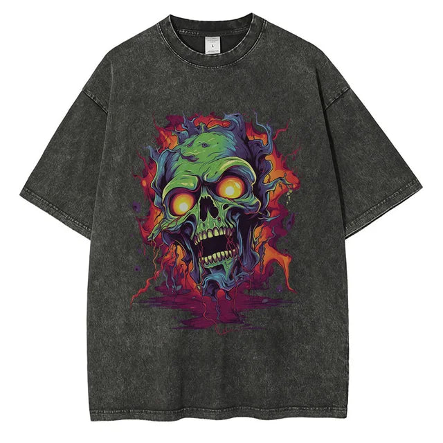 Men Zombie Contrast Printed Graphic Cotton Washed Tops Tees Shirt