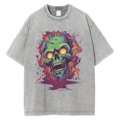 Men Zombie Contrast Printed Graphic Cotton Washed Tops Tees Shirt