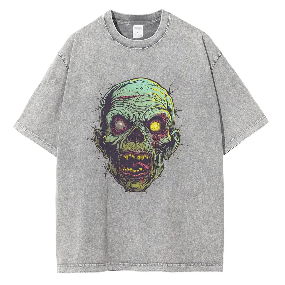 Men Zombie Contrast Printed Graphic Cotton Washed Tops Tees Shirt