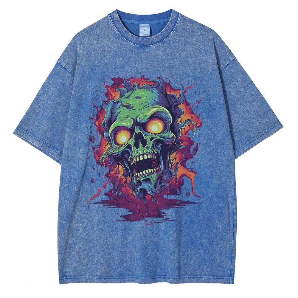 Men Zombie Contrast Printed Graphic Cotton Washed Tops Tees Shirt