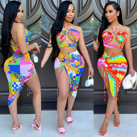 Two-piece Sexy Nightclub Irregular Short Skirt with Wrapped Chest + Halter Tops