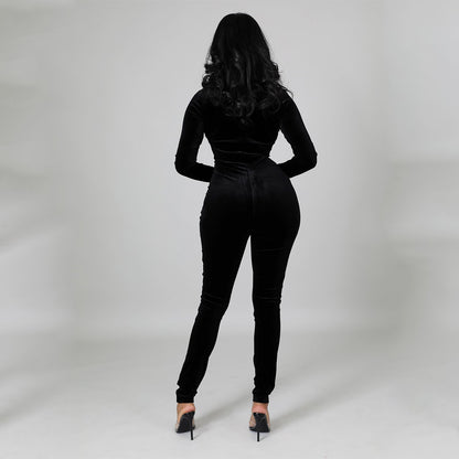 Sexy Skinny Gold Velvet Stitching Long-Sleeved Nightclub Party Jumpsuit