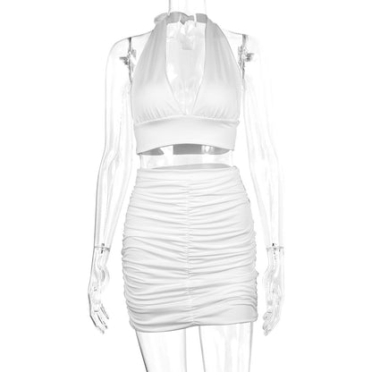Two-pieces Women Halter Necktie Umbilical Fold V-neck Sling Bag Hip Skirt Set