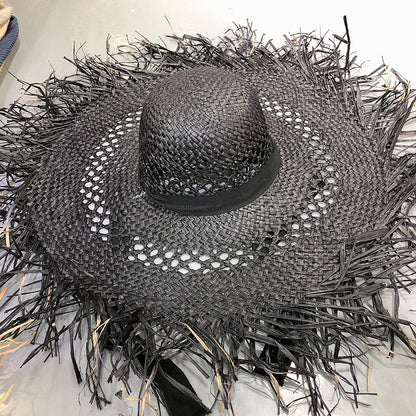Women Fashion Tassel Big Brim Raffia Colorful Sunshade Hat