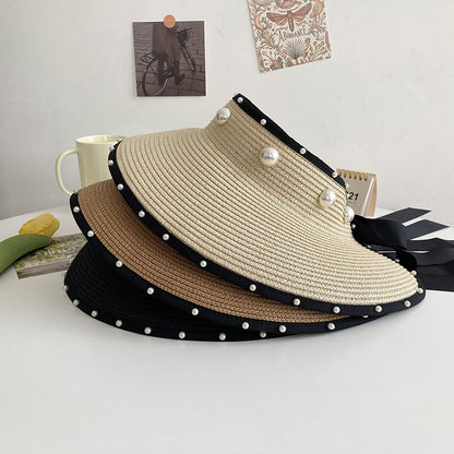 Women Straw Sun Protection Top Pearl Topless Travel Beach Hat