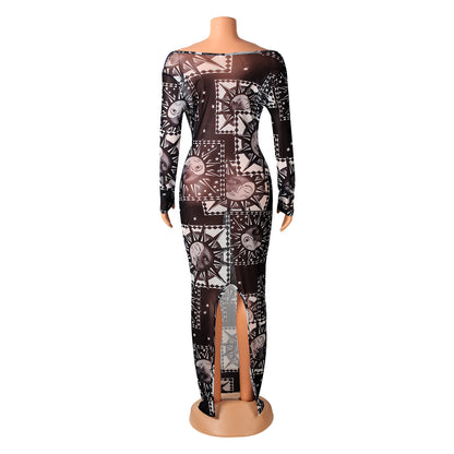 Sexy Slim Fashion See-Through Print Long Sleeve Night Clubwear Party Dress