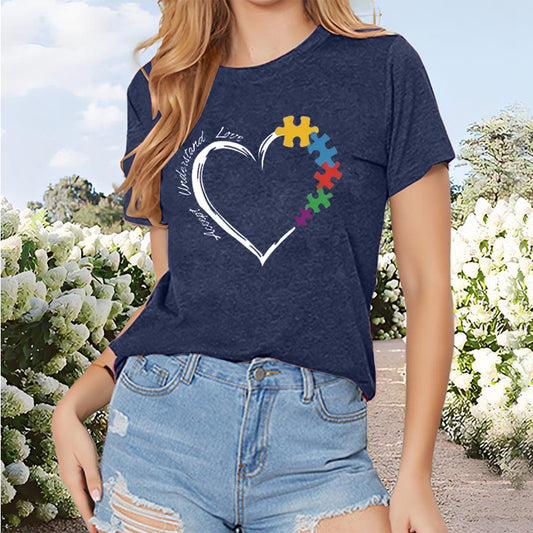 Accept Understand Love Women Short Sleeve Heart Puzzle Print T-Shirt Tops Tee