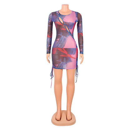 Nightclub Sexy Net Gauze See-Through Long-Sleeved Party Dress