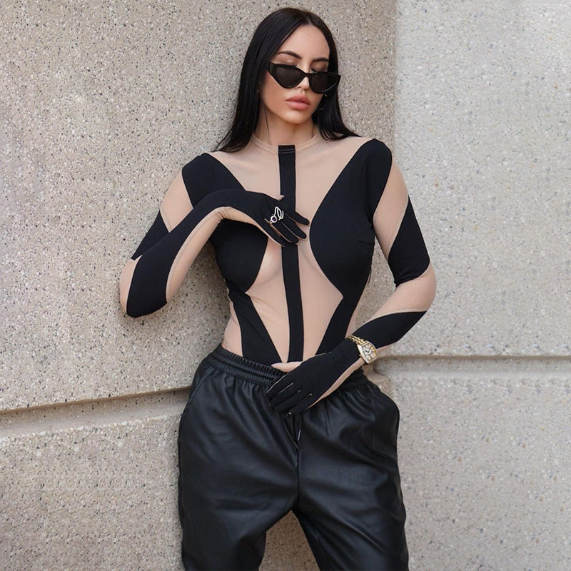 Sexy Fashion Mesh Stitching Long-sleeved Finger Sleeve Bodysuit