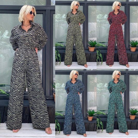 Fashion Print Lapel Long Sleeve High Waist Loose Party Jumpsuit