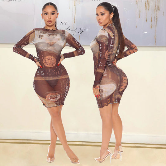 Sexy Mesh See-Through Long-Sleeved Night Party Dress
