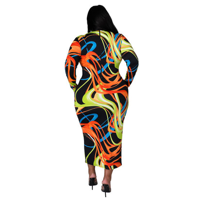 Plus Size Sexy Tight Sexy Long Sleeve Printed Night Club Party Dress