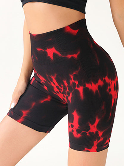 Women High Waist Tummy Control Tie-Dye Ruched Booty Lifting Workout Gym Exercise Running Shorts